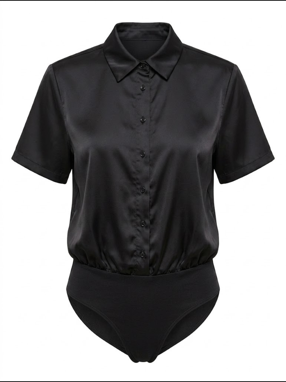 Satin Like Button-Front Black Bodysuit